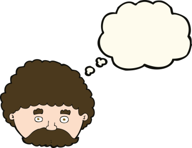 Bir insan tarafından çizilmiş düşünce baloncuklu bıyıklı çizgi film adamı.