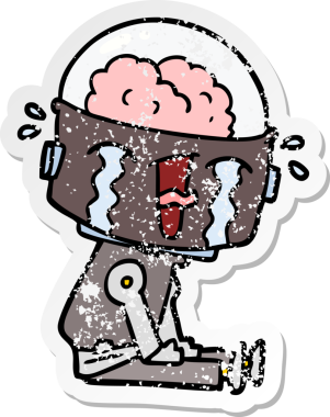 Bir insan tarafından çizilmiş, karikatür ağlayan robot çıkartması.