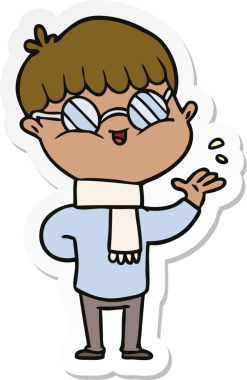 Bir insan tarafından çizilmiş gözlüklü bir çizgi film çocuğunun çıkartması.