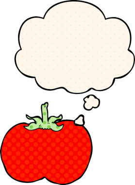 Bir insan tarafından çizilmiş, düşünce baloncuklu çizgi film domatesi.