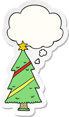 Düşünce baloncuğu insan tarafından çizilmiş bir çıkartma olan karikatür Noel ağacı.