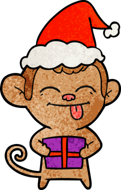 Noel hediyesi olan bir maymunun insan tarafından çizilmiş Noel Baba şapkasıyla çizilmiş komik bir el çizimi.