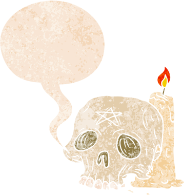 Bir insan tarafından çizilmiş grunge sıkıntılı retro desenli konuşma baloncuklu karikatür ürkütücü kafatası ve mum