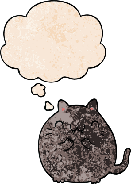 Bir insan tarafından çizilmiş grunge desenli düşünce baloncuklu mutlu çizgi film kedisi.