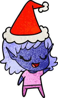 Mutlu el çizimi bir insan tarafından çizilmiş Noel Baba şapkası takan bir elf kızı.