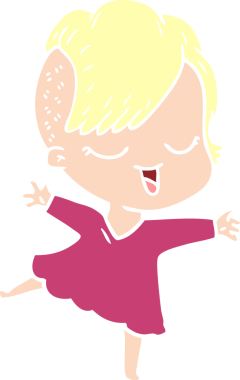 Bir insan tarafından çizilmiş mutlu düz renkli çizgi film kızı.