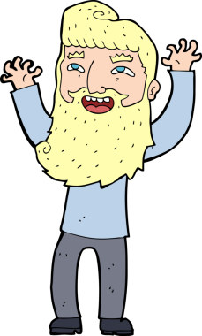 Çizgi film mutlu sakallı adam bir insan tarafından çekilen kolları sallıyor.