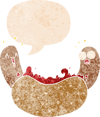 grunge 'da konuşma baloncuğu olan çizgi film sosislisi bir insan tarafından çizilmiş dertli retro stil.