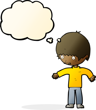 Bir insan tarafından çizilmiş düşünce kabarcığı olan kafası karışmış bir çocuk.