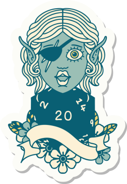 Bir insan tarafından çizilmiş doğal yirmi zarlı düzenbaz bir elf karakterinin çıkartması.