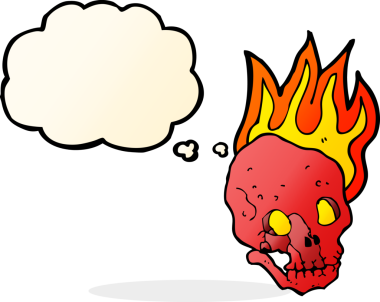 Bir insan tarafından çizilmiş düşünce baloncuklu yanan kafatası.