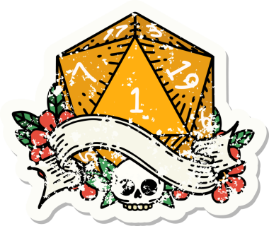 Bir insan tarafından çizilmiş doğal bir d20 zarının grunge çıkartması.