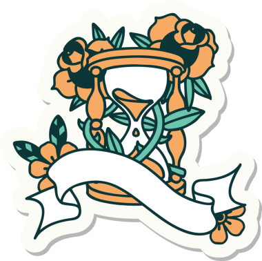 Dövme stili çıkartma, bir saat bardağı ve bir insan tarafından çizilmiş çiçekler.