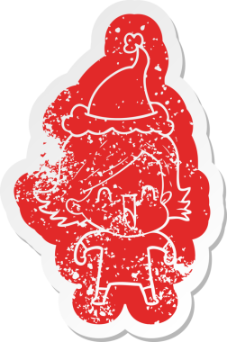 Bir insan tarafından çizilmiş Noel Baba şapkası giyen mutlu bir kadının garip bir karikatürü.