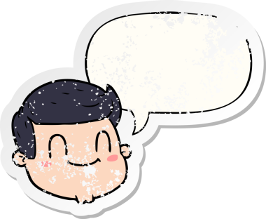 Konuşma baloncuğu olan çizgi film erkek yüzü bir insan tarafından çizilmiş sıkıntılı eski bir çıkartma