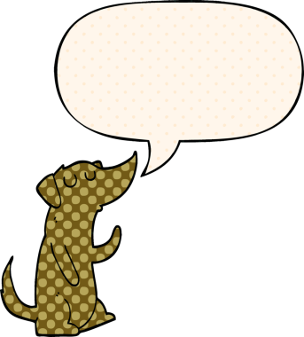 Bir insan tarafından çizilmiş çizgi roman tarzında konuşma balonu olan çizgi film köpeği.