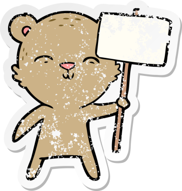 Bir insan tarafından çizilmiş işaretli mutlu çizgi film ayısının sıkıntılı çıkartması.