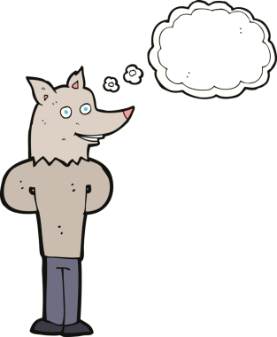 Bir insan tarafından çizilmiş düşünce balonlu bir kurt adam.