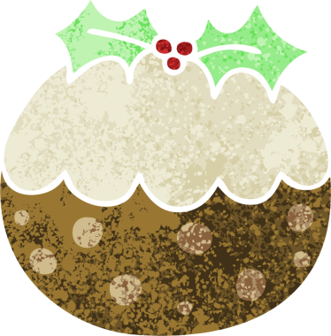 Bir insan tarafından çizilmiş retro illüstrasyon tarzı tuhaf bir çizgi film noel pudingi.