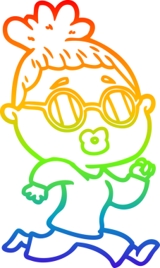 Bir insan tarafından çizilmiş gözlük takan bir karikatür kadının çizimi.