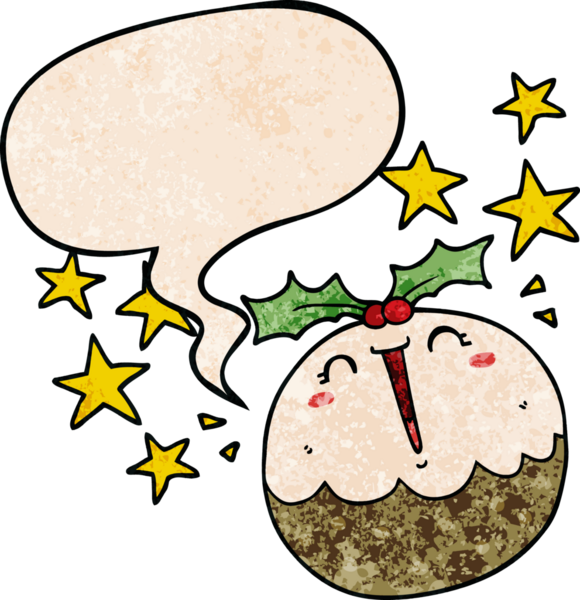 Sevimli çizgi film mutlu noel pudingi insan tarafından çizilmiş eski moda konuşma baloncuğu ile