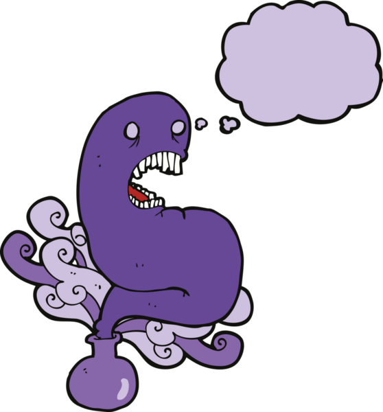 Şişede cadılar bayramı hayaleti ve bir insan tarafından çizilmiş düşünce balonu.