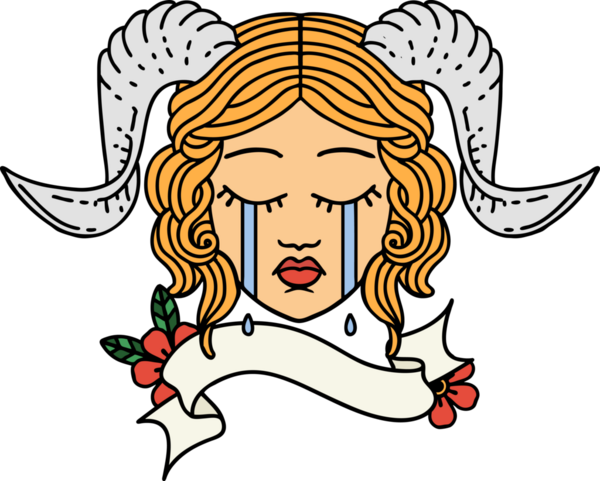 Retro Dövme Biçimi, bir insan tarafından çizilmiş kaydırma pankartıyla ağlayan karakter yüzü