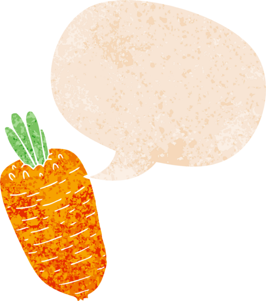 çizgi film sebzesi, konuşma baloncuğu ile grunge sıkıntılı retro dokuma tarzı bir insan tarafından çizilmiş