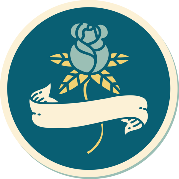 Bir insan tarafından çizilmiş gül ve pankartın geleneksel stiliyle dövme çıkartması.