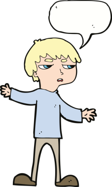 Bir insan tarafından çizilmiş konuşma baloncuğuyla sinirlenmiş bir çocuk.