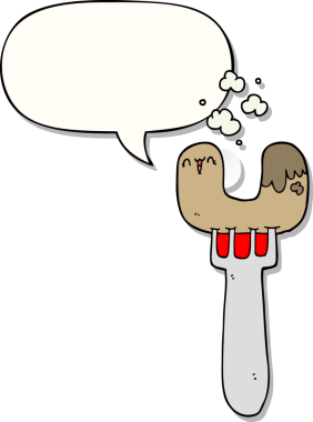 İnsan tarafından çizilmiş konuşma kabarcığı etiketli çatal üzerinde çizgi film sosisi