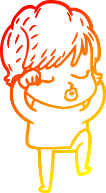 Bir insan tarafından çizilmiş gözleri olan çizgi film kadını çizimi.