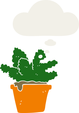 Düşünce baloncuklu karikatür bitkisi insan tarafından çizilmiş.