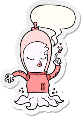 Bir insan tarafından çizilmiş konuşma kabarcığı çıkartmalı sevimli bir uzaylı çizgi filmi.