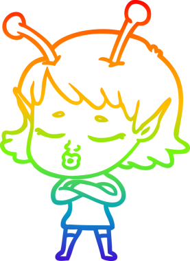 Gökkuşağı gradyan çizgisi. Bir insan tarafından çizilmiş şirin bir uzaylı kız çizgi filmi.