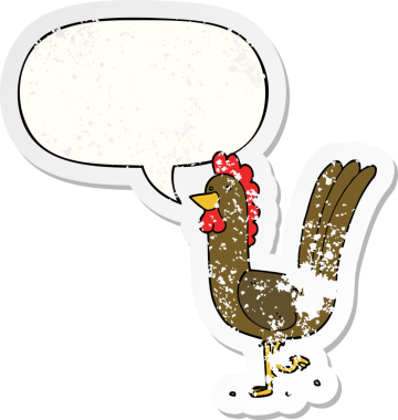 Konuşma baloncuğu olan çizgi film horozu bir insan tarafından çizilmiş sıkıntılı eski bir çıkartma