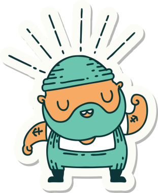 Dövme stili sakallı bir adamın çıkartması. Bir insan tarafından çizilmiş pazılarını esnetiyor.