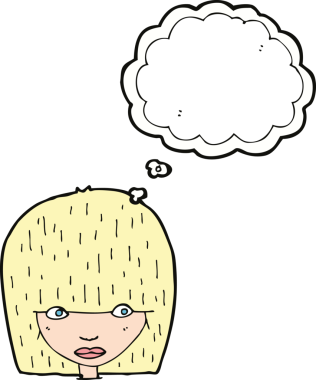 Bir insan tarafından çizilmiş düşünce baloncuğuyla dik dik bakan kadın yüzü.