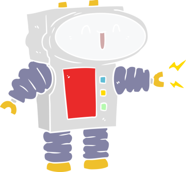 Bir insan tarafından çizilmiş düz renkli çizgi film robotu