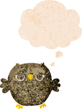 bir insan tarafından çizilmiş grunge sıkıntılı retro desenli düşünce baloncuğu ile çizgi film baykuşu