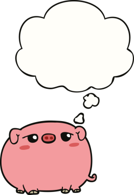 Bir insan tarafından çizilmiş düşünce baloncuklu şirin domuz.