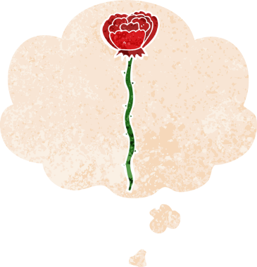 Düşünce baloncuğu ve grunge desenli karikatür çiçeği bir insan tarafından çizilmiş.