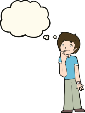 Bir insan tarafından çizilmiş düşünce baloncuğuyla merak eden çizgi film çocuğu.