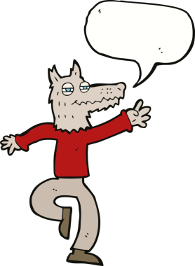 Bir insan tarafından çizilmiş konuşma balonlu mutlu kurt adam.