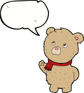 Bir insan tarafından çizilmiş konuşma balonlu oyuncak ayı.