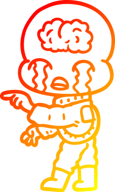 Sıcak bir çizgi film çizimi. Büyük bir beyin uzaylısının ağlaması ve bir insan tarafından çizilmesi.