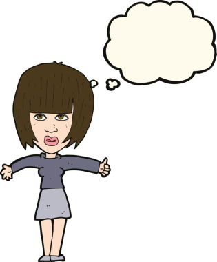 Bir insan tarafından çizilmiş düşünce baloncuğuyla rahatsız bir kadın.