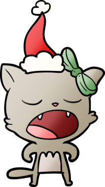 Bir insan tarafından çizilmiş Noel Baba şapkası giymiş kedi miyavlıyor.