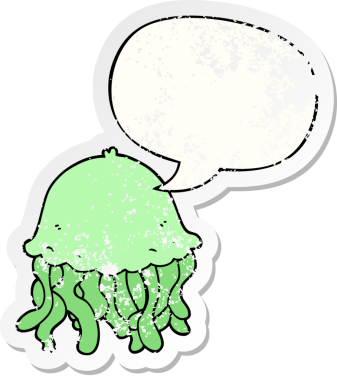 Konuşma baloncuklu çizgi film denizanası bir insan tarafından çizilmiş sıkıntılı eski bir çıkartma