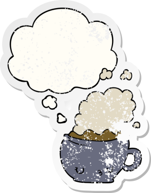 Düşünce baloncuklu şirin çizgi film kahve fincanı insan tarafından çizilmiş yıpranmış bir çıkartma gibi.